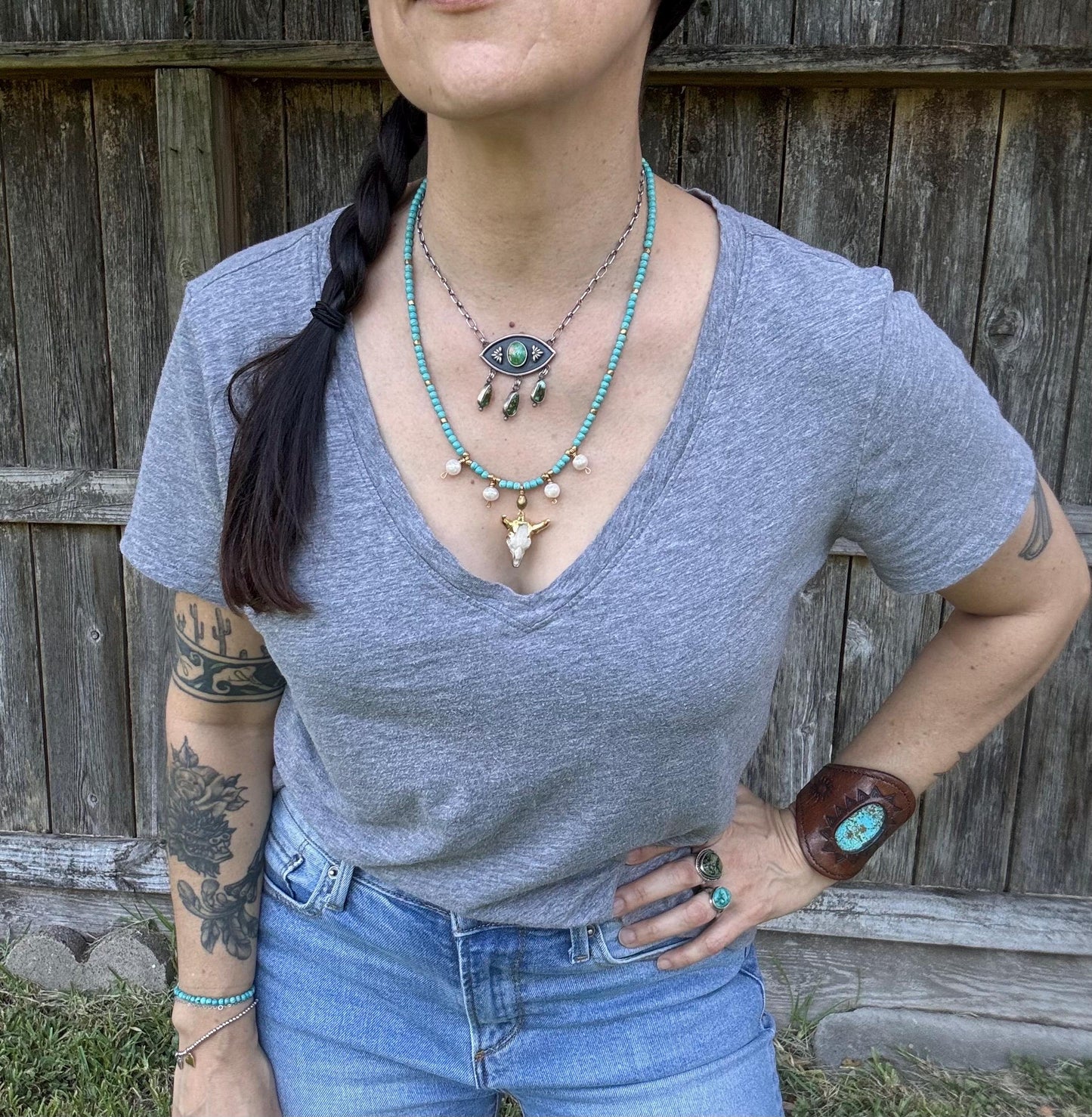 Pearl Cowgirl Necklace: Gold Cow Skull Charm, Magnesite Beads