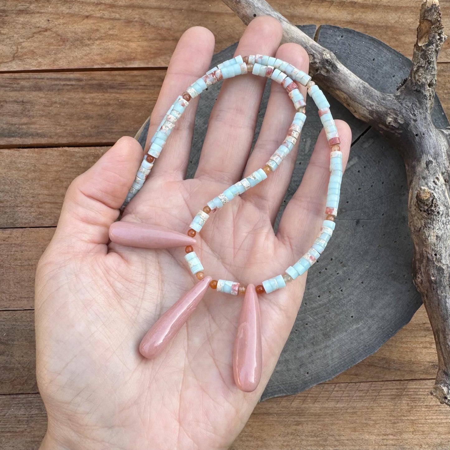 Pink Opal & Aquaterra Jasper Beaded Necklace - Gold Accents