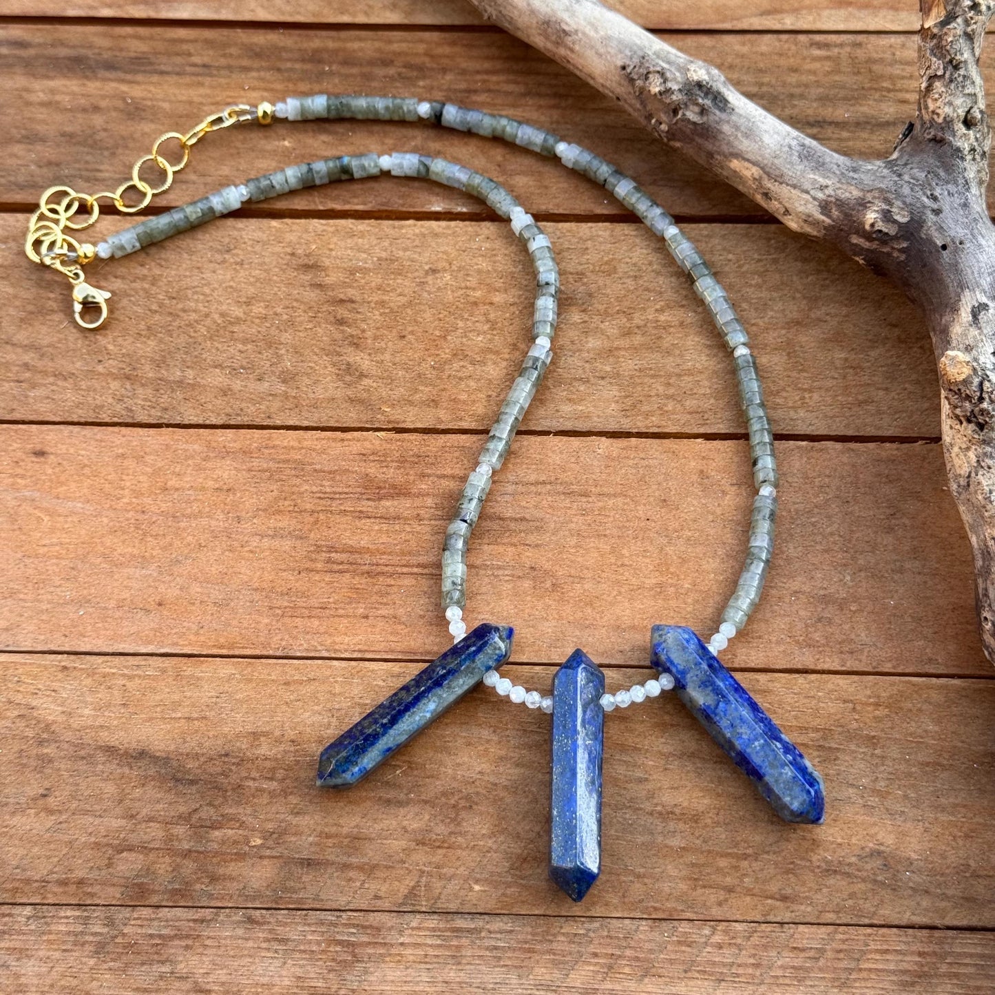Lapis Lazuli & Labradorite Beaded Necklace: Moonstone Accents