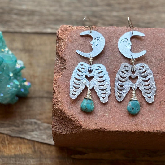 Hammered Brass Crescent Moon Rib Cage Earrings: Turquoise Ex-Voto Luna