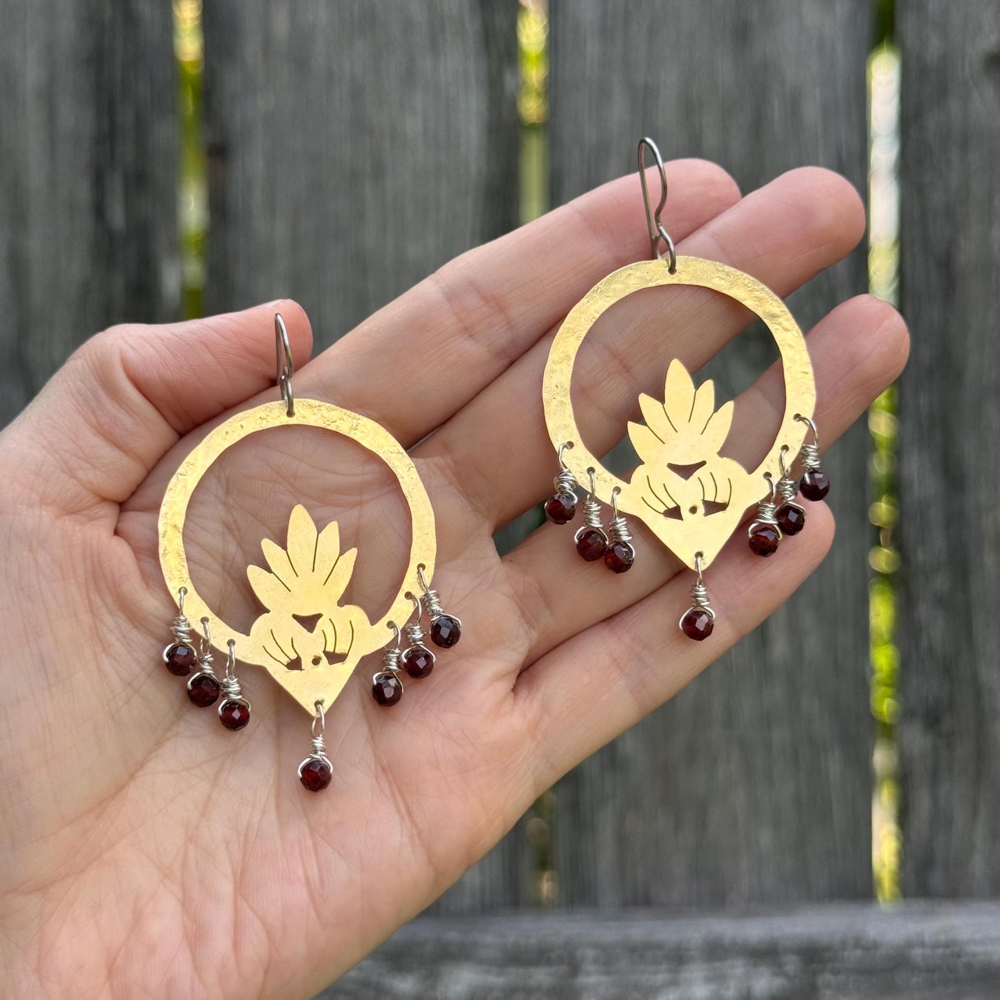 Brass Flaming Heart Garnet Earrings: Mixed Metal Sacred Heart