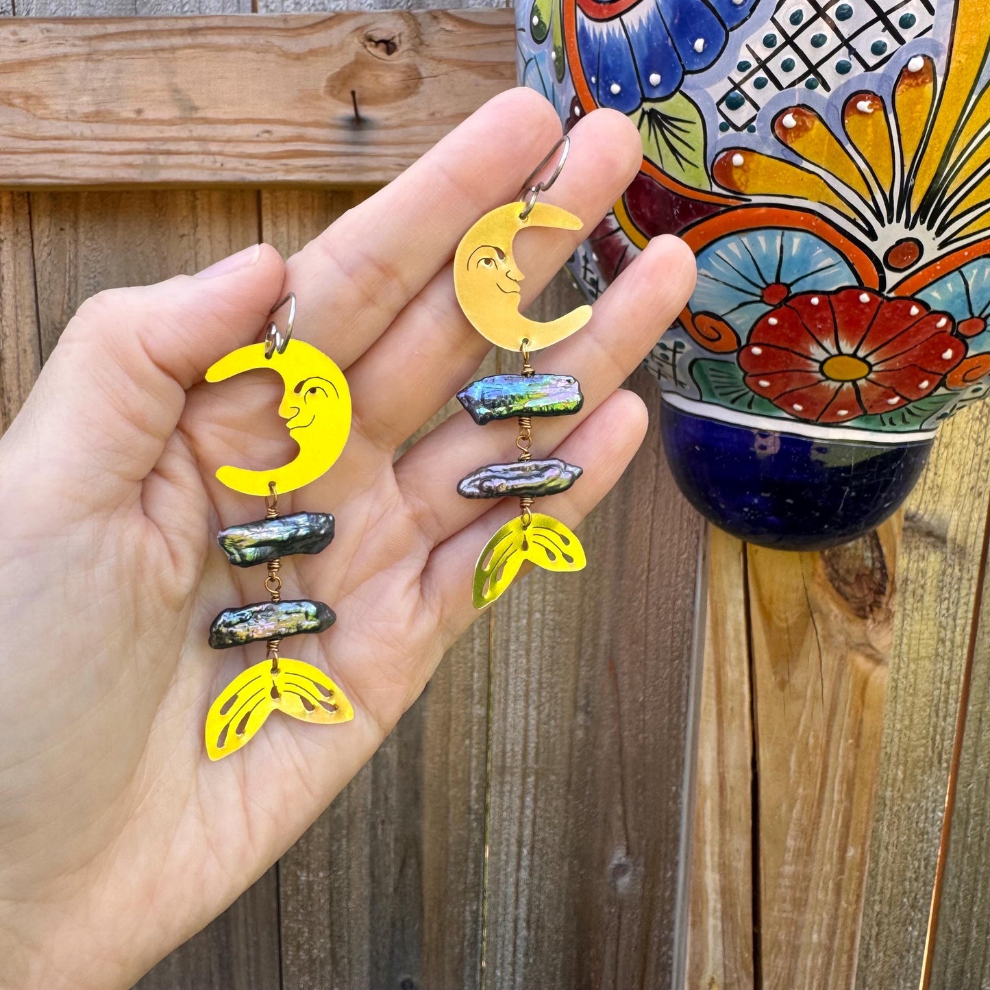 Brass Lunar Pearl Rib Tide Earrings: Biwa Pearl mermaid Luna