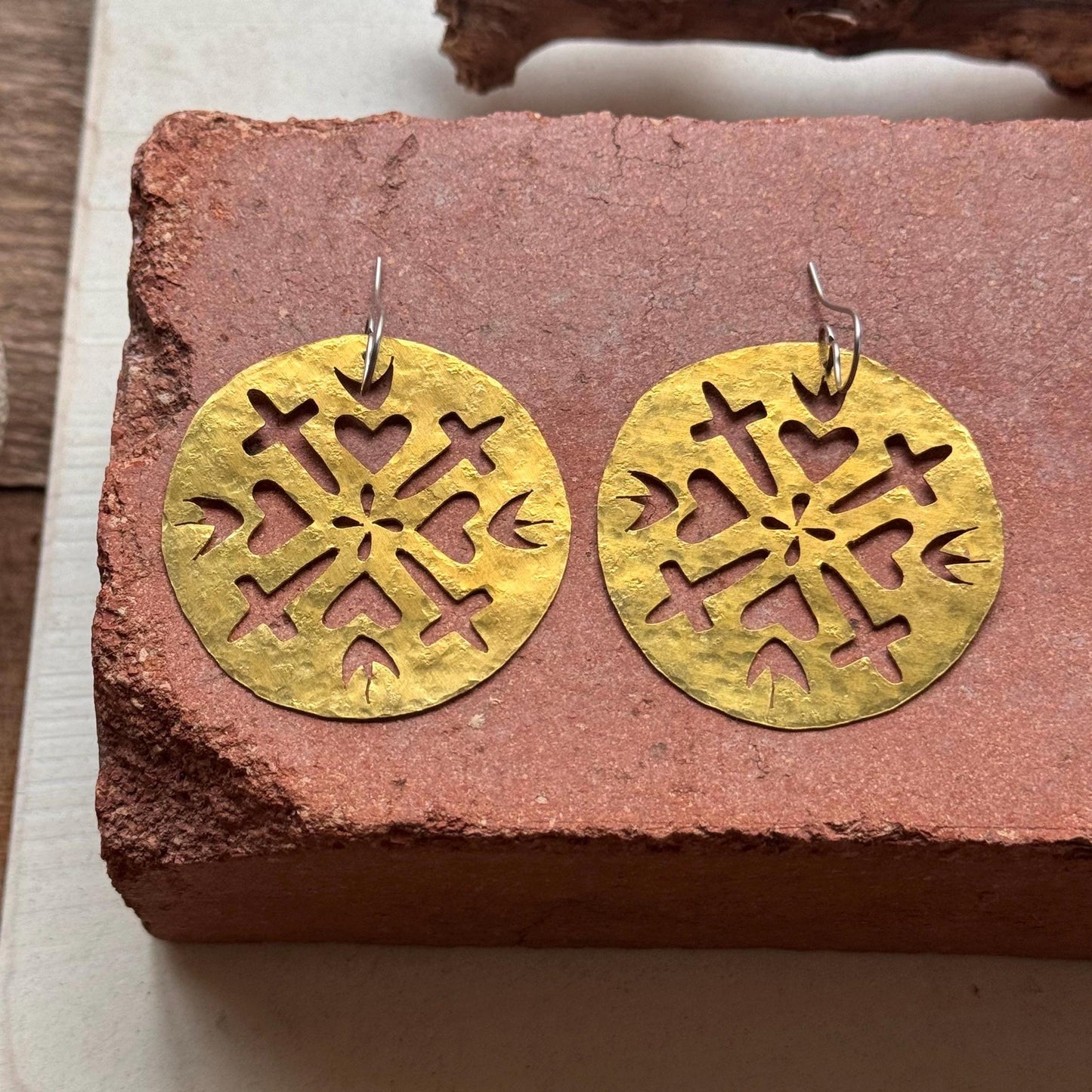 Hammered Brass Sacred Heart and cross Earrings: Handmade Cutout Jewelry