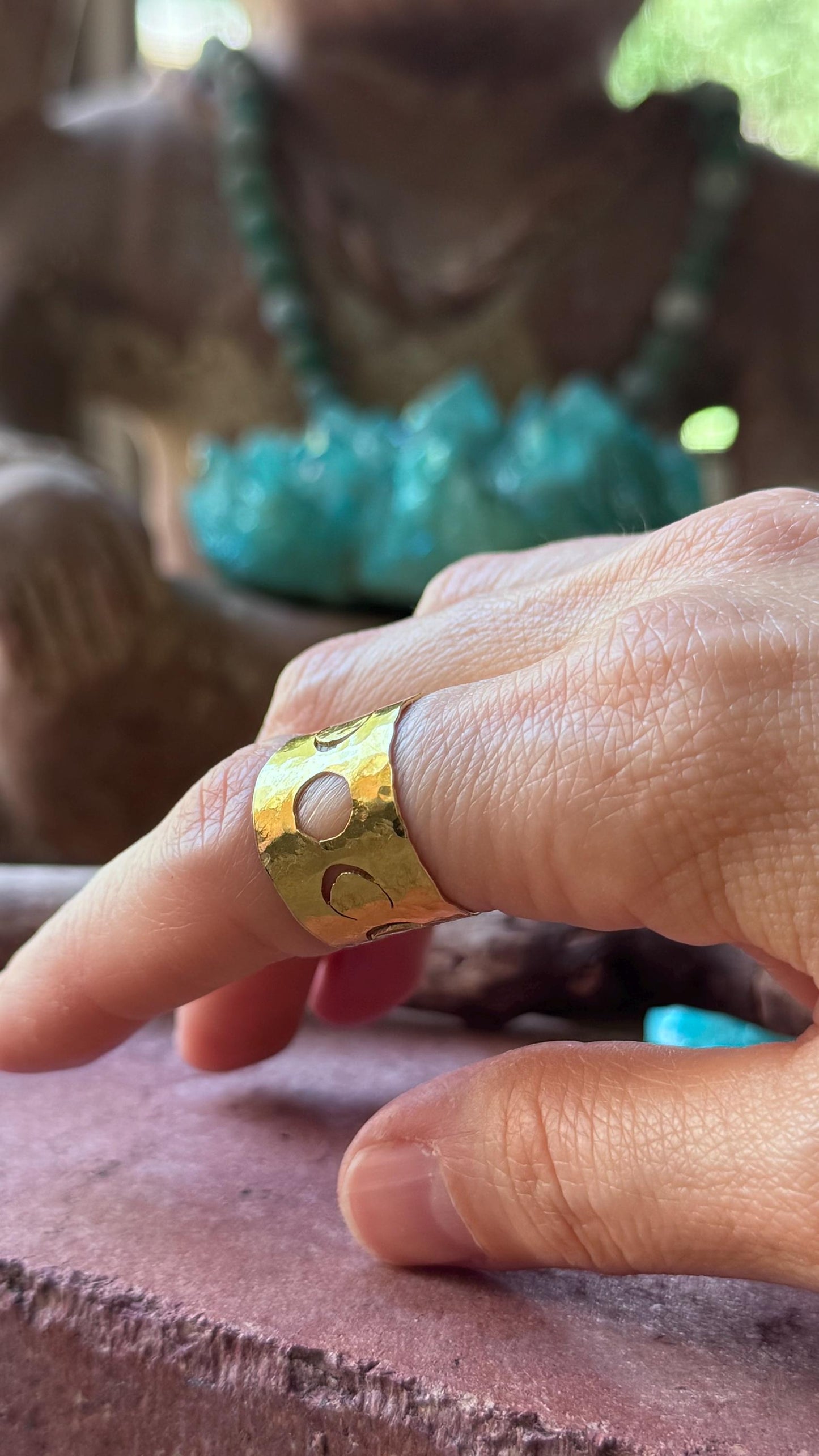 Adjustable Hammered Brass moon phase cuff Ring: Handmade celestial Wide Band
