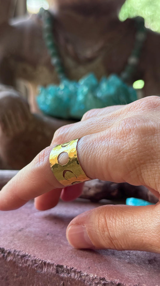Adjustable Hammered Brass moon phase cuff Ring: Handmade celestial Wide Band