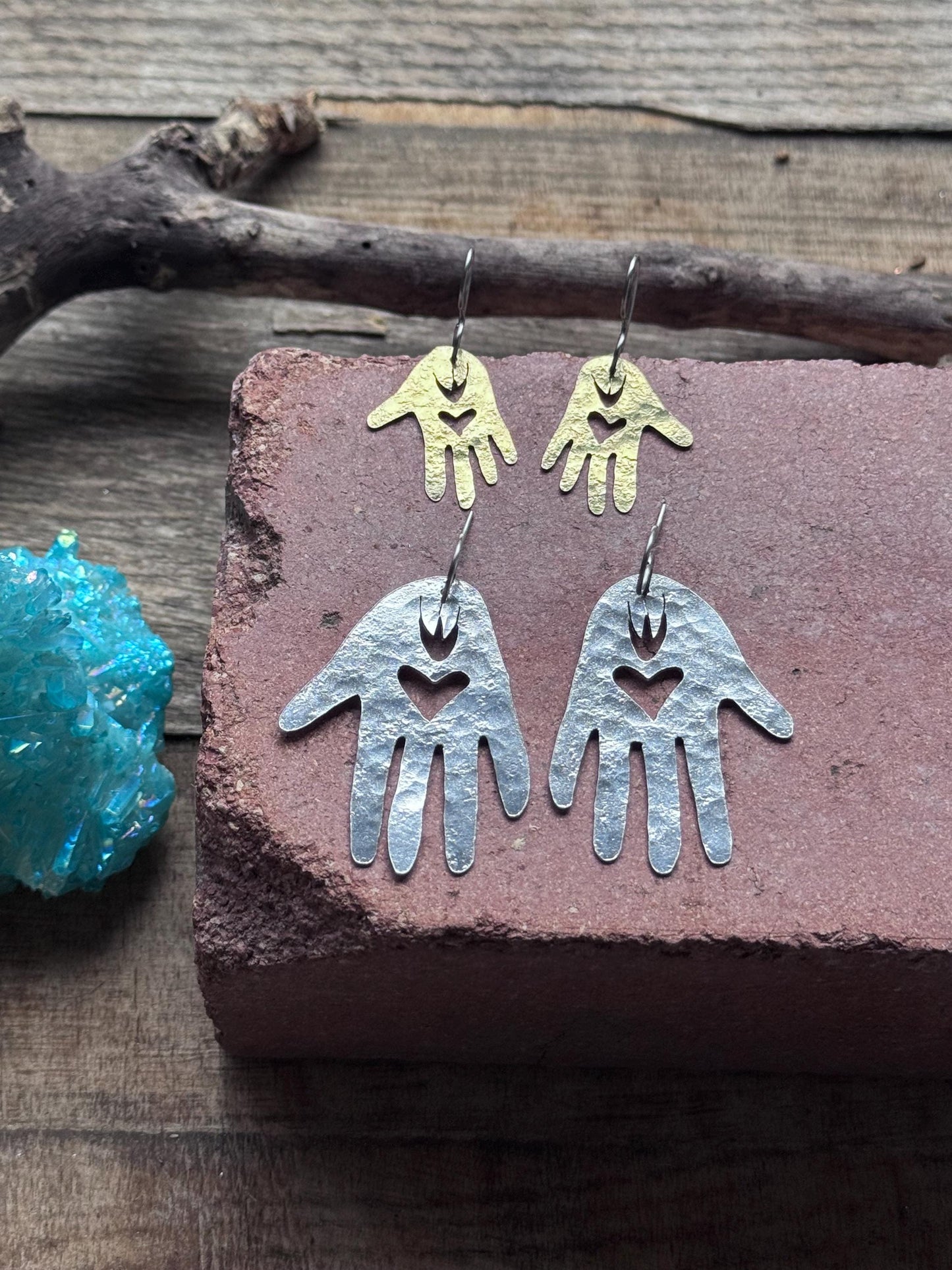 Handmade Sacred Hand Earrings: heart in hand amulet