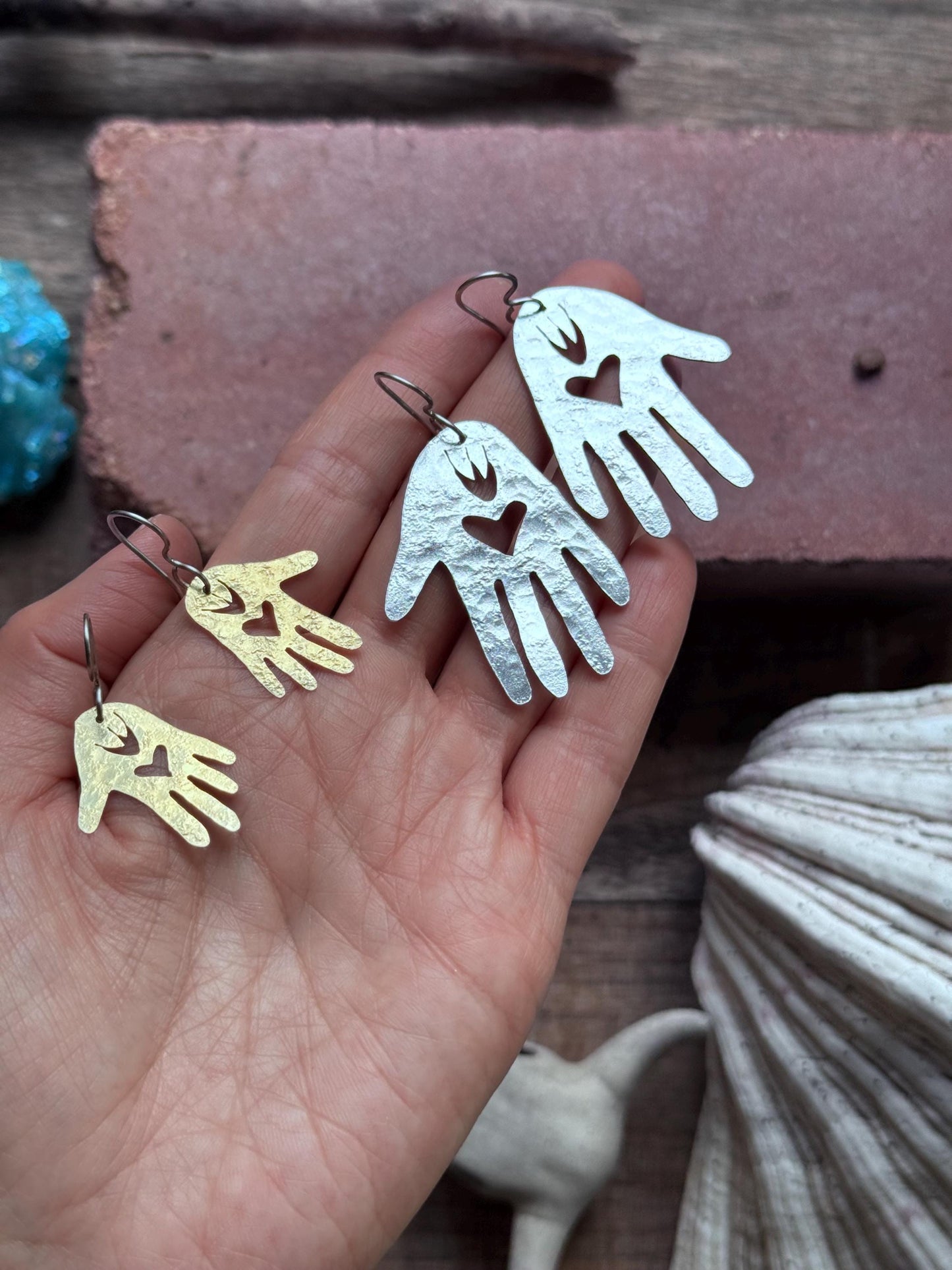 Handmade Sacred Hand Earrings: heart in hand amulet