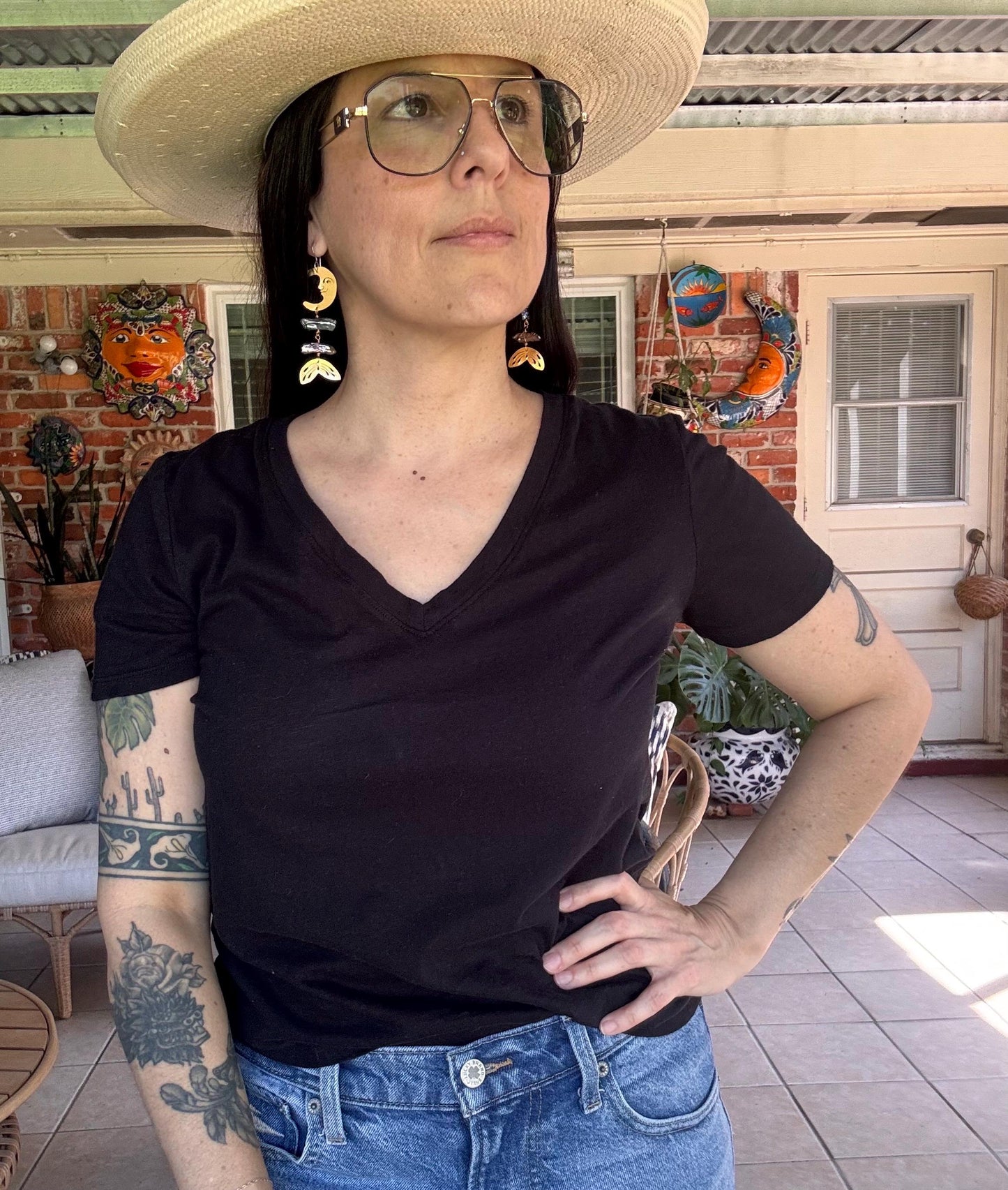 Brass Lunar Pearl Rib Tide Earrings: Biwa Pearl mermaid Luna