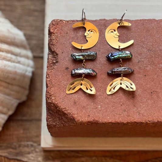 Brass Lunar Pearl Rib Tide Earrings: Biwa Pearl mermaid Luna