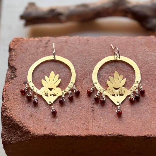 Brass Flaming Heart Garnet Earrings: Mixed Metal Sacred Heart