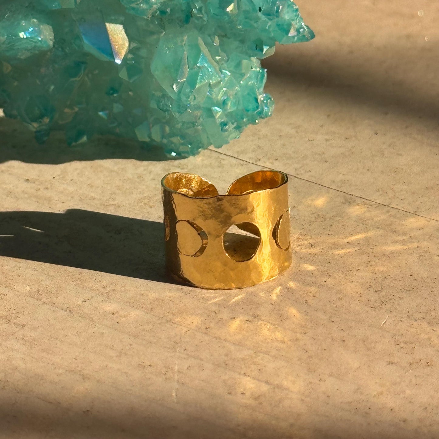 Adjustable Hammered Brass moon phase cuff Ring: Handmade celestial Wide Band