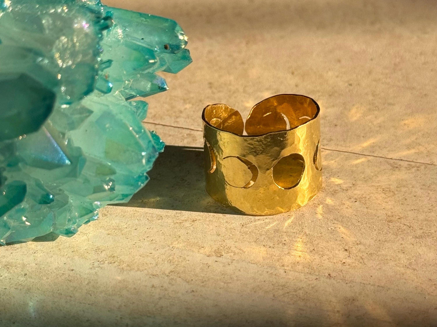 Adjustable Hammered Brass moon phase cuff Ring: Handmade celestial Wide Band