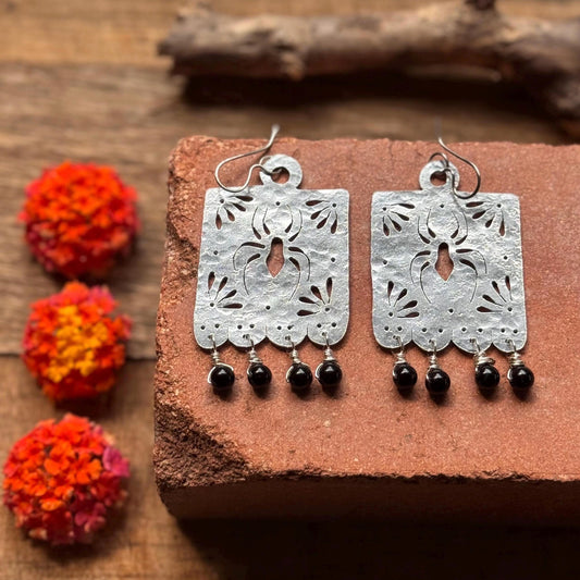 Handmade Metal Papel Picado Spider Earrings with Onyx Beads