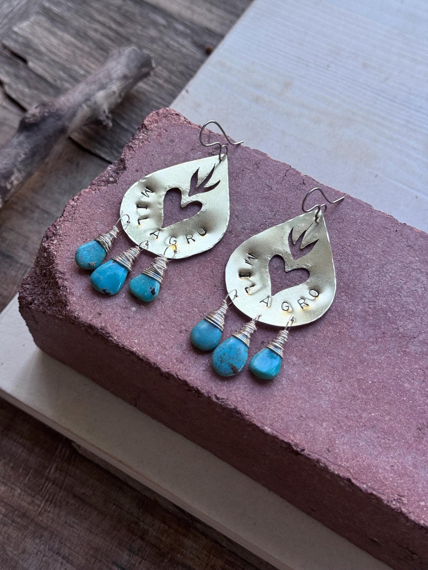 Hand Stamped Brass Milagro Heart Earrings with Genuine Turquoise
