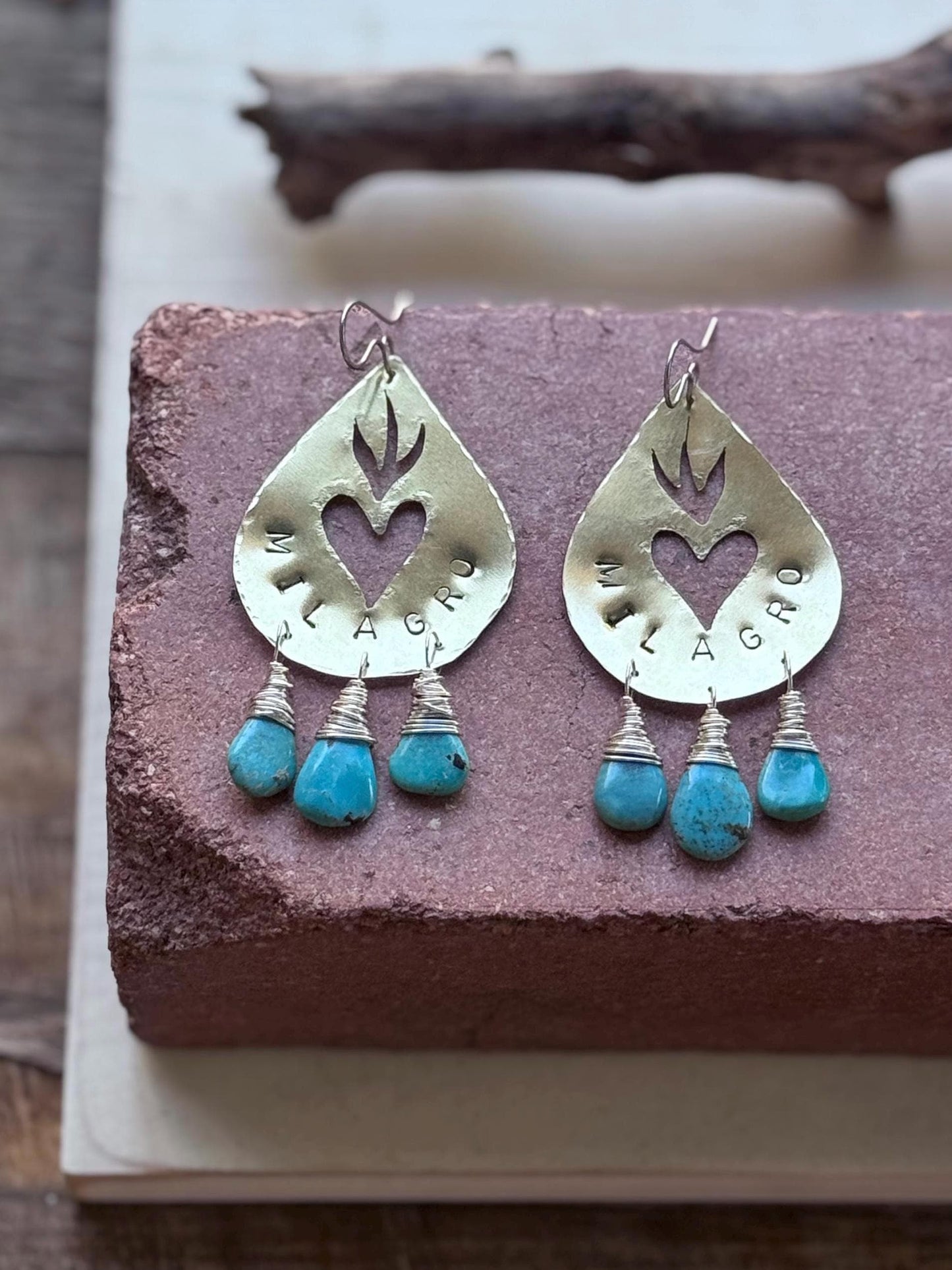 Hand Stamped Brass Milagro Heart Earrings with Genuine Turquoise