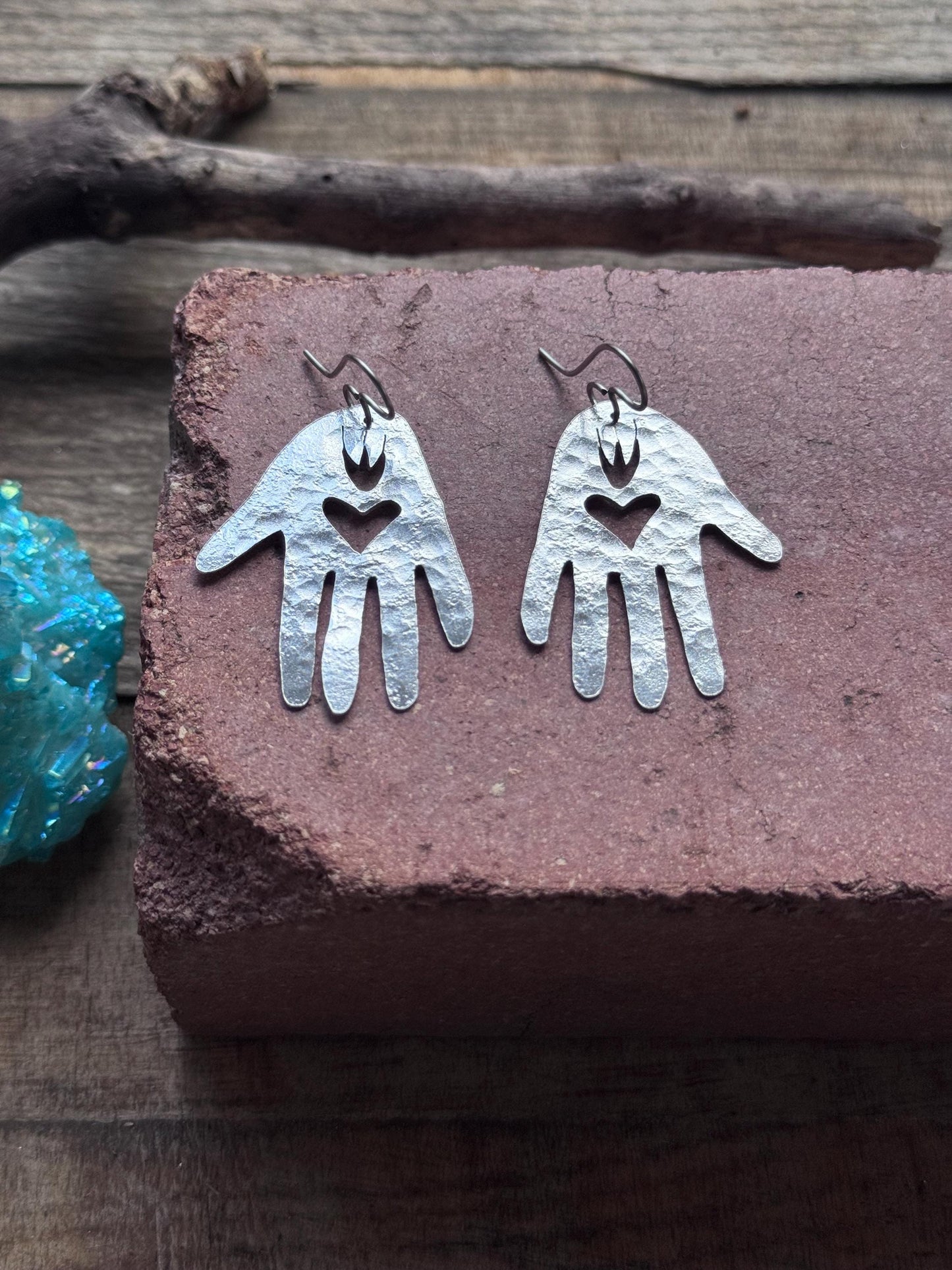 Handmade Sacred Hand Earrings: heart in hand amulet