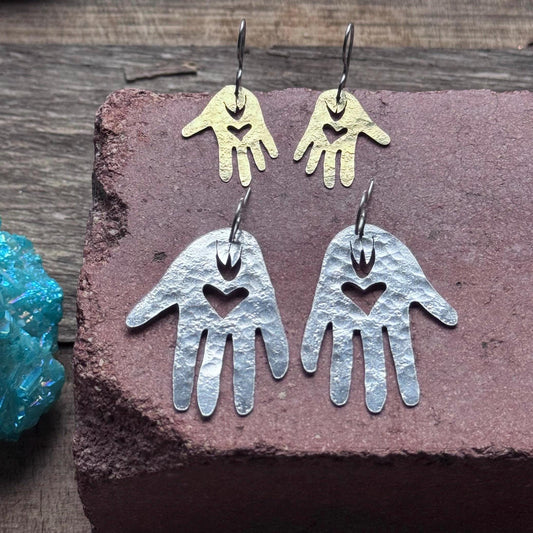 Handmade Sacred Hand Earrings: heart in hand amulet