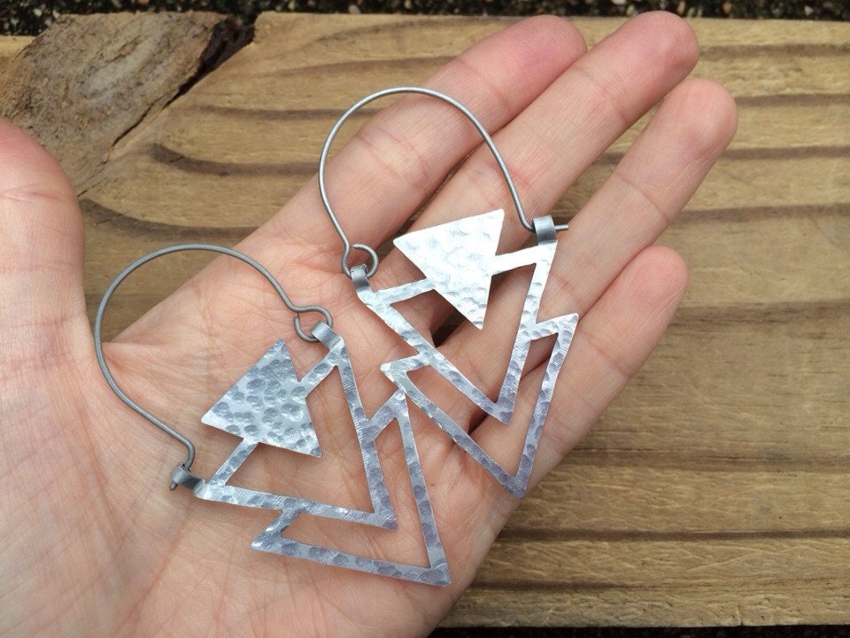 Metal Triangle hoop earrings, metalwork hoops, geometric jewelry, sculptural earrings