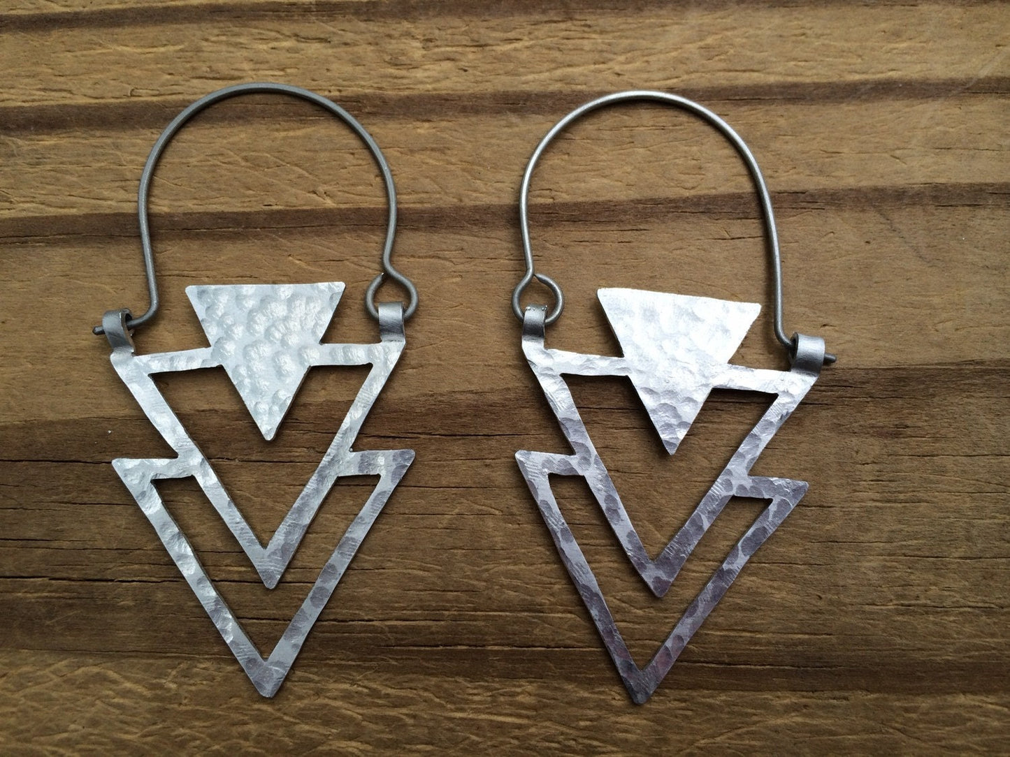 Metal Triangle hoop earrings, metalwork hoops, geometric jewelry, sculptural earrings