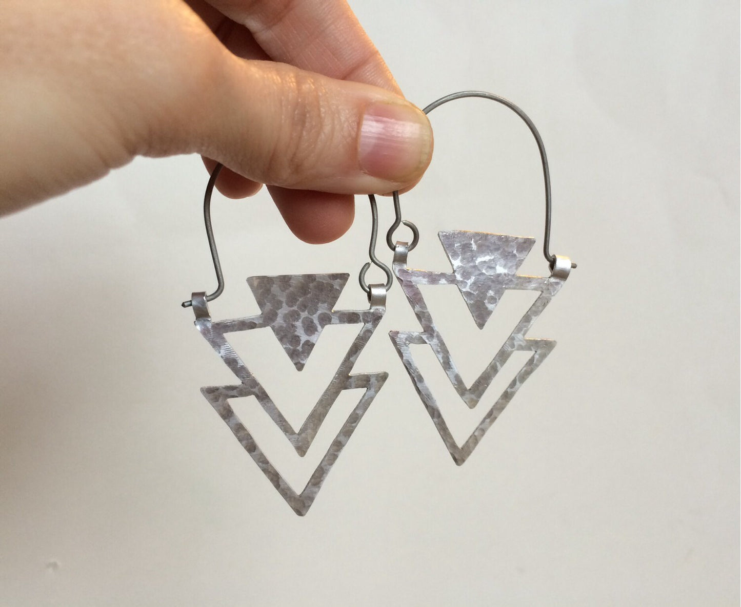 Metal Triangle hoop earrings, metalwork hoops, geometric jewelry, sculptural earrings