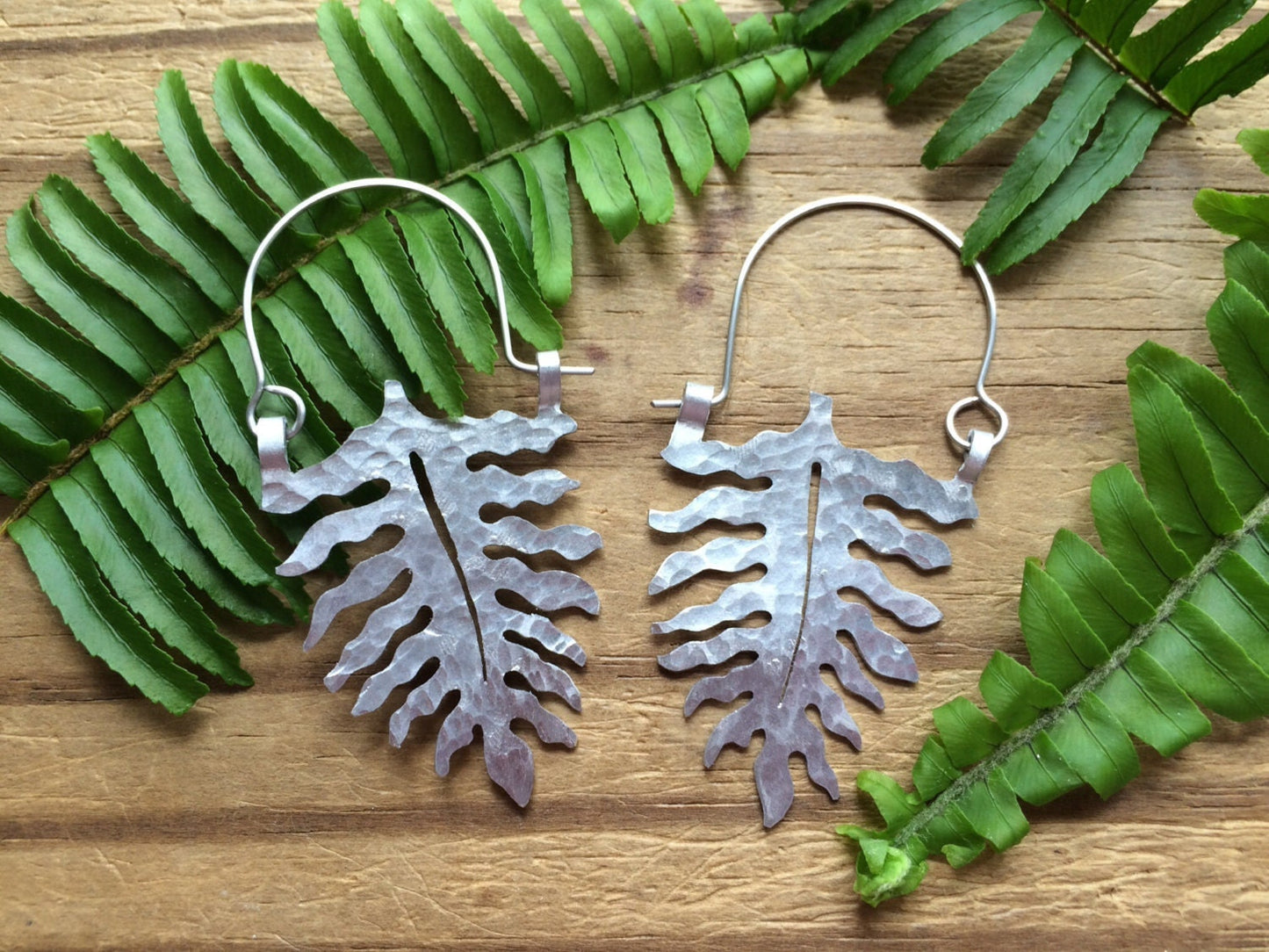 Handmade Fern Leaf Hoop Earrings: Botanical Jewelry