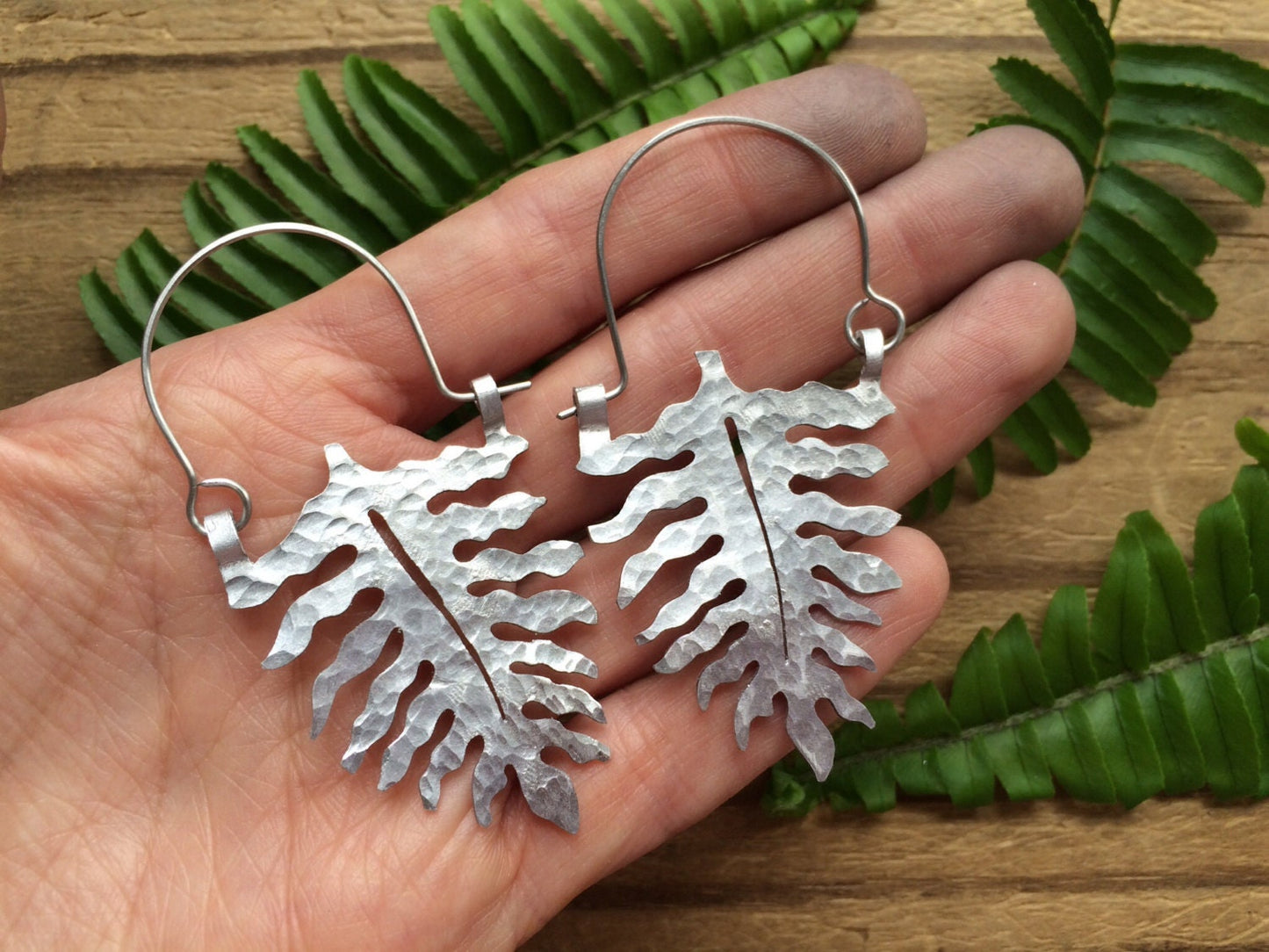 Handmade Fern Leaf Hoop Earrings: Botanical Jewelry