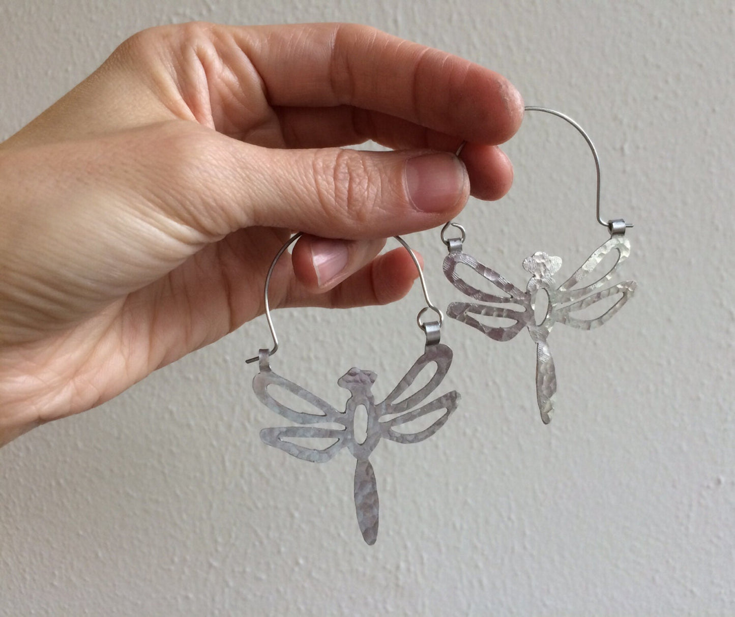 Handmade Dragonfly Hoop Earrings: Aluminum or Brass Insect Jewelry