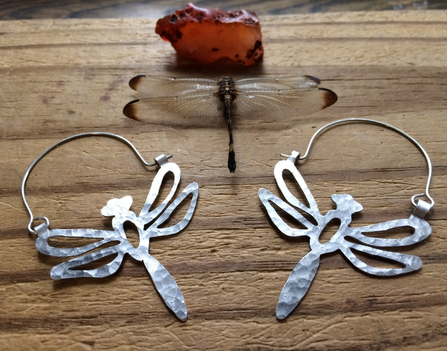Handmade Dragonfly Hoop Earrings: Aluminum or Brass Insect Jewelry