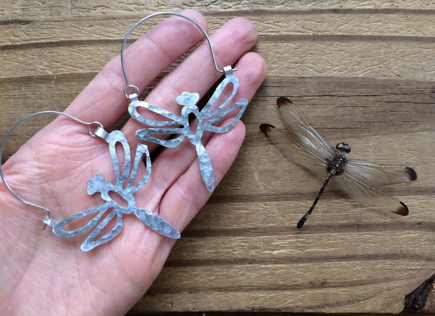 Handmade Dragonfly Hoop Earrings: Aluminum or Brass Insect Jewelry