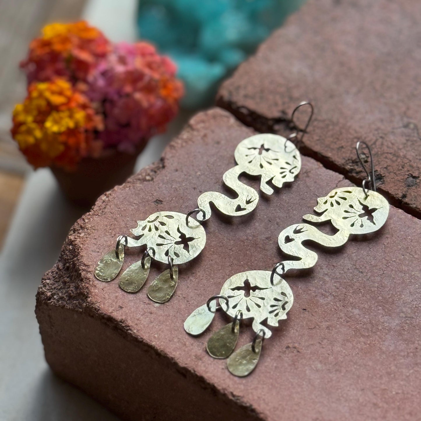 Sacred Flight | Día de los Muertos Double Skull Brass Earrings