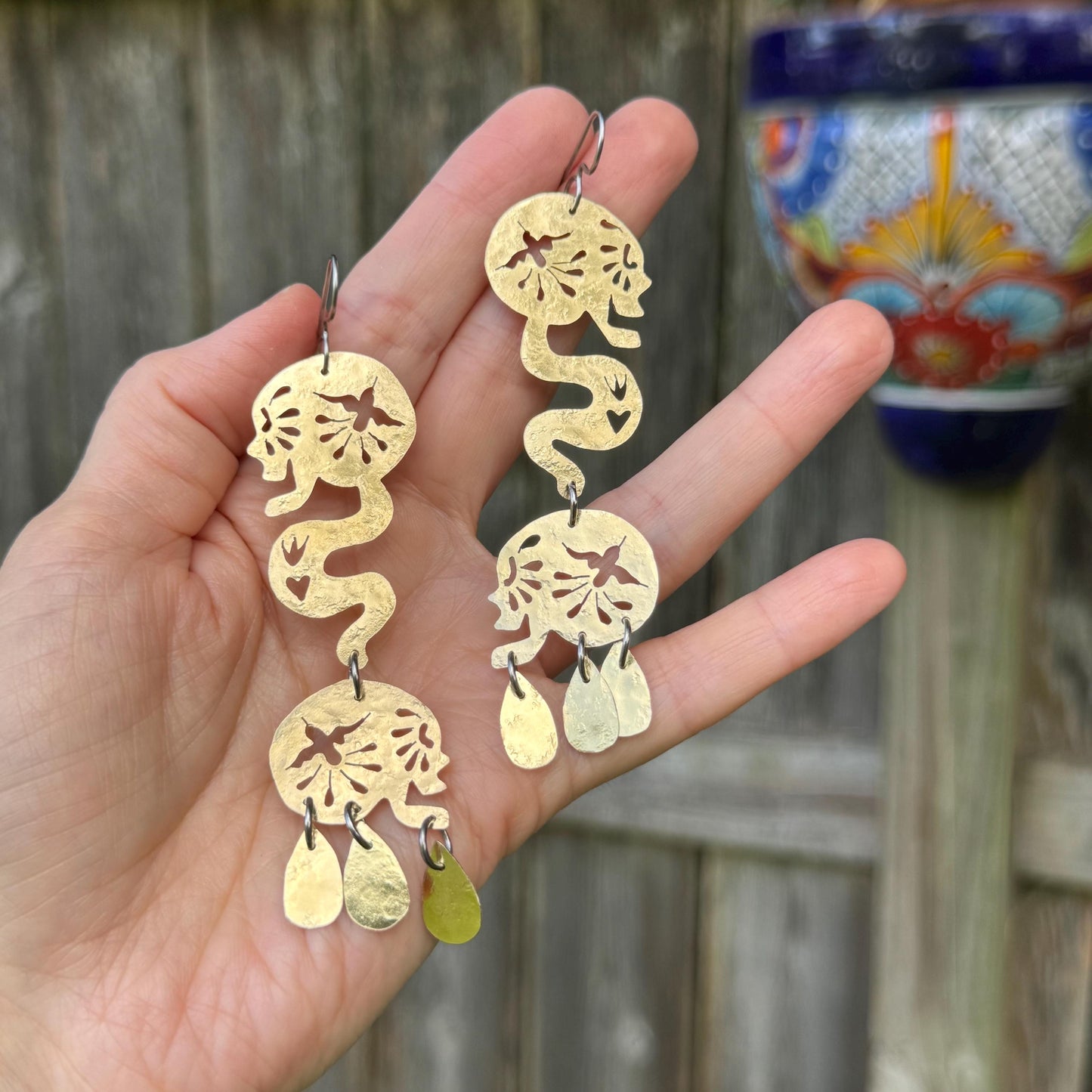 Sacred Flight | Día de los Muertos Double Skull Brass Earrings