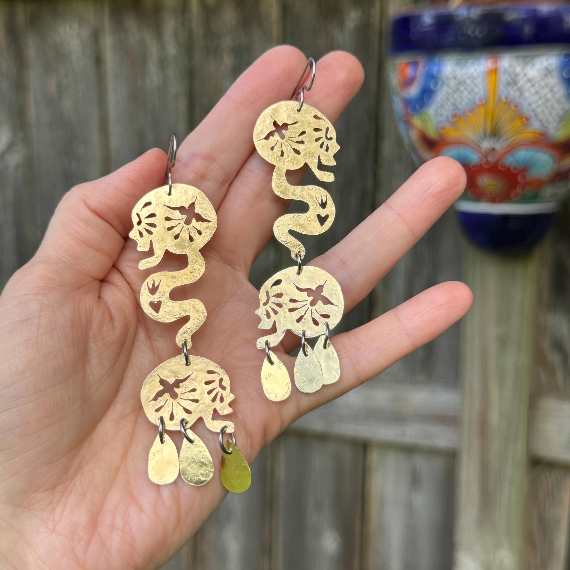 Sacred Flight | Día de los Muertos Double Skull Brass Earrings