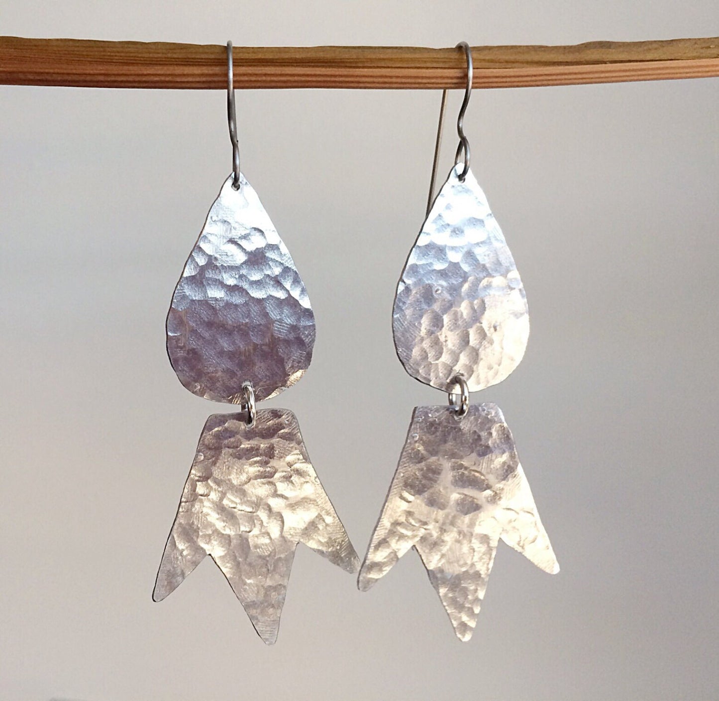 Handmade Hammered Metal Dangle Earrings: Geometric Sculptural Drops
