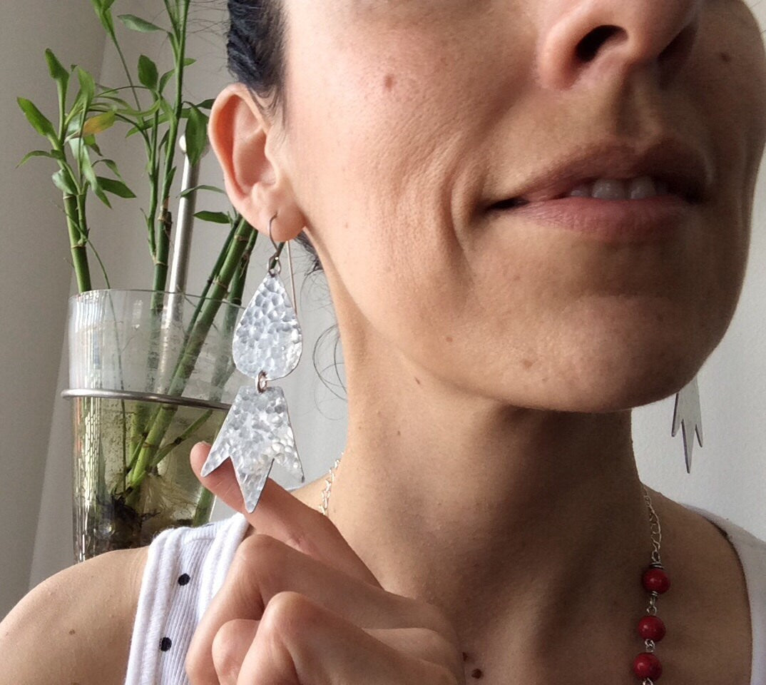 Handmade Hammered Metal Dangle Earrings: Geometric Sculptural Drops