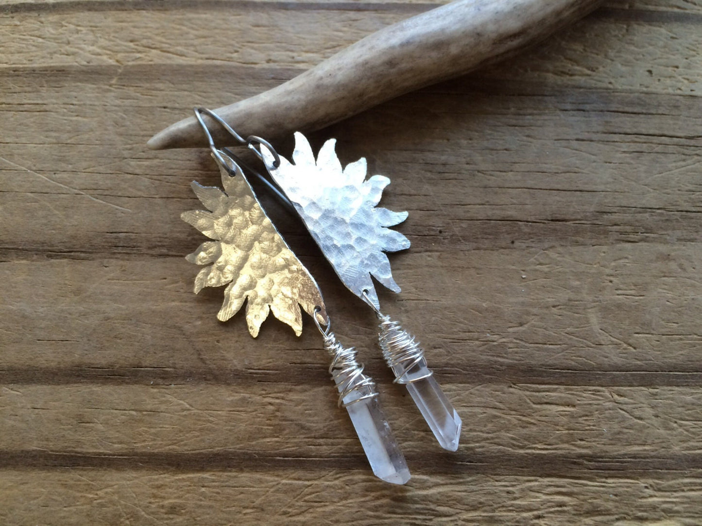Handmade Sun & Crystal Point Earrings: Hammered Metal Dangles