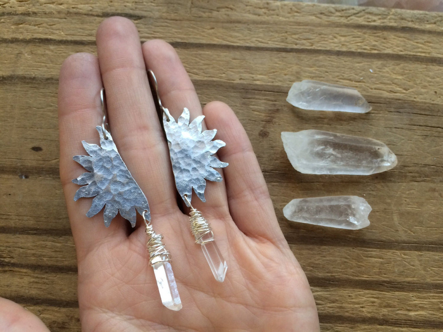 Handmade Sun & Crystal Point Earrings: Hammered Metal Dangles