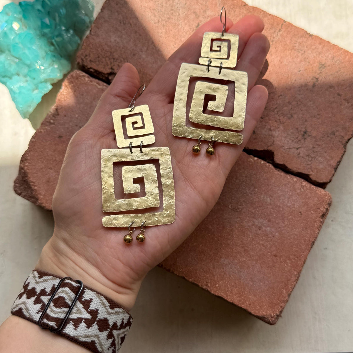 Ancient Hammered Square Spiral Earrings, Mixed Metal Gold Orb Earrings