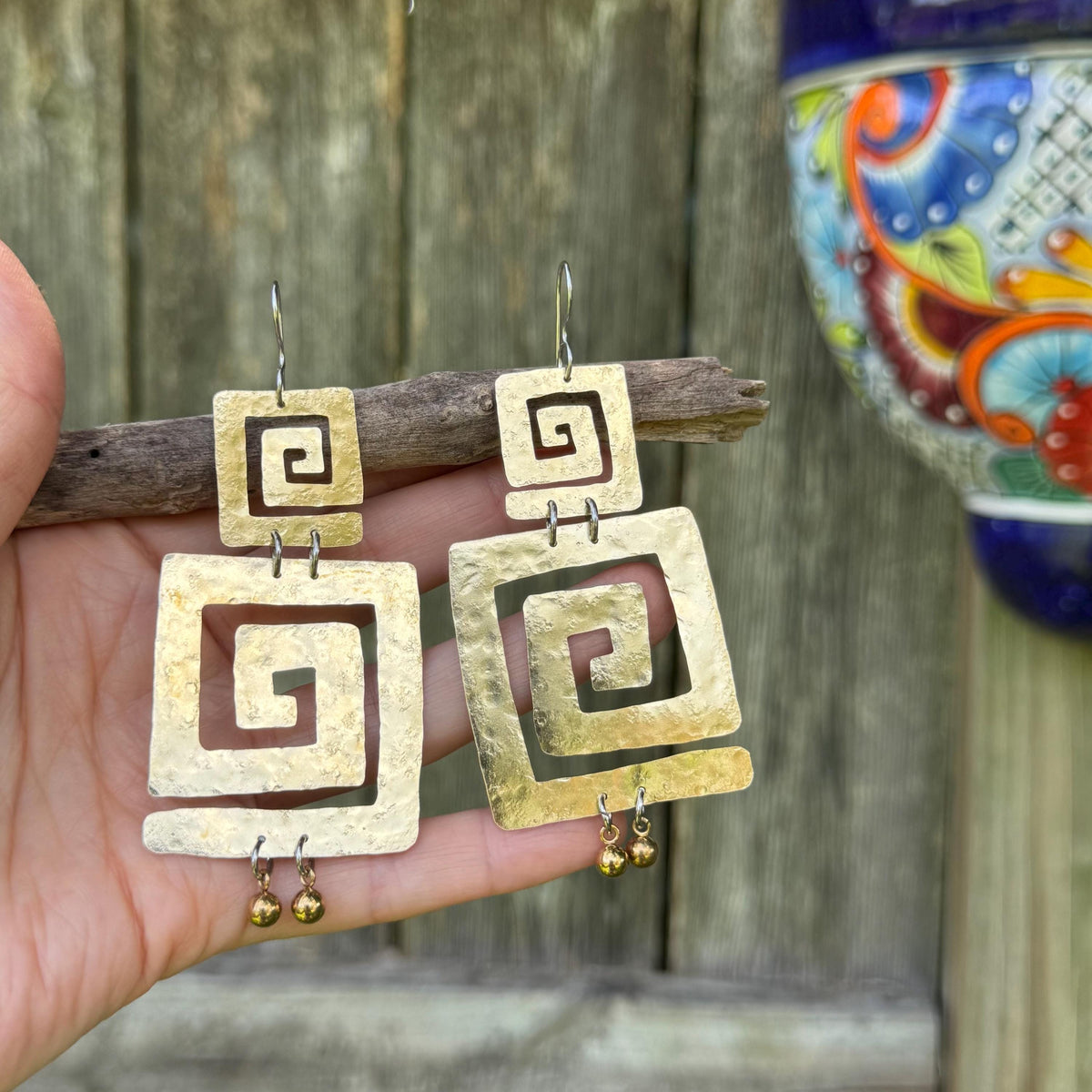 Ancient Hammered Square Spiral Earrings, Mixed Metal Gold Orb Earrings
