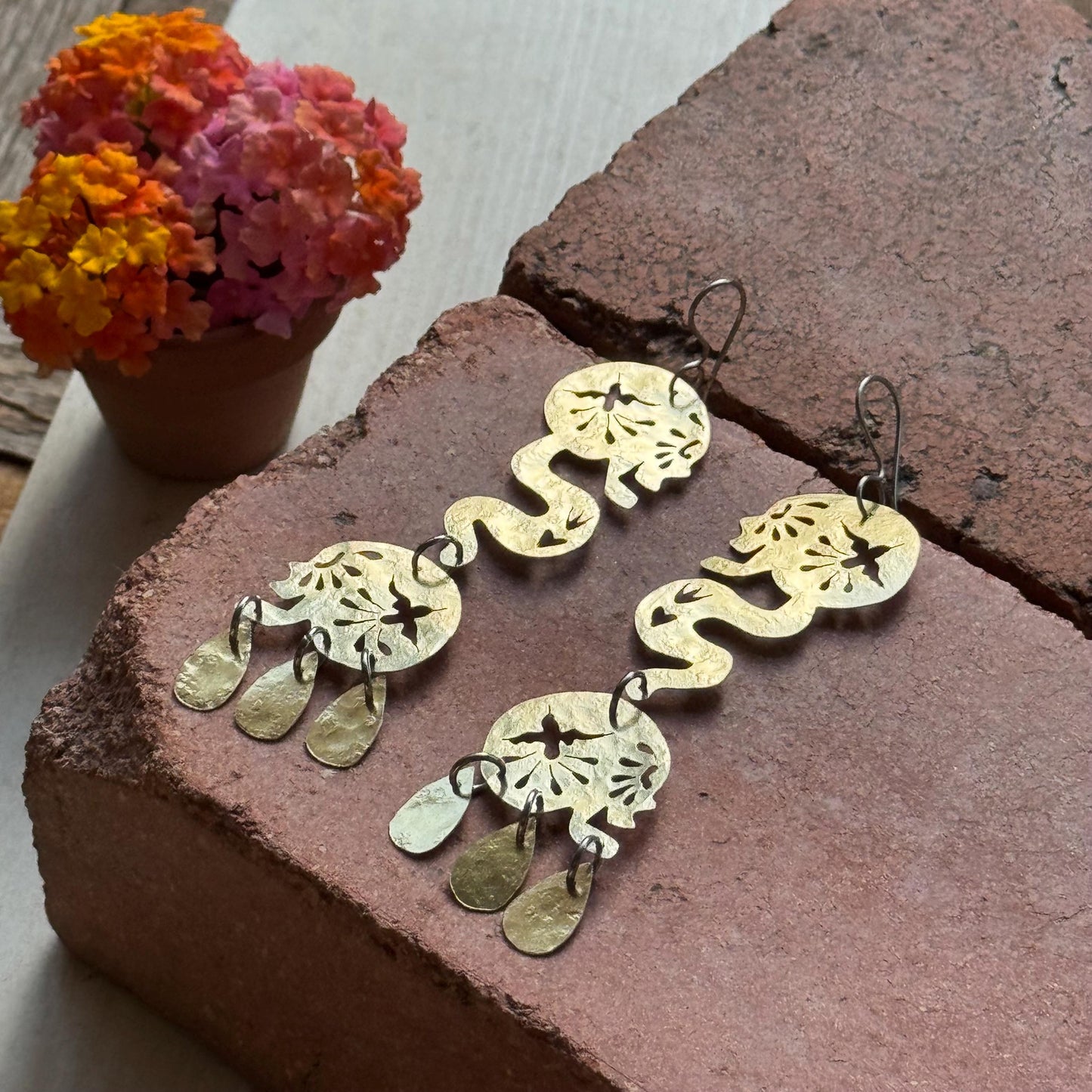 Sacred Flight | Día de los Muertos Double Skull Brass Earrings