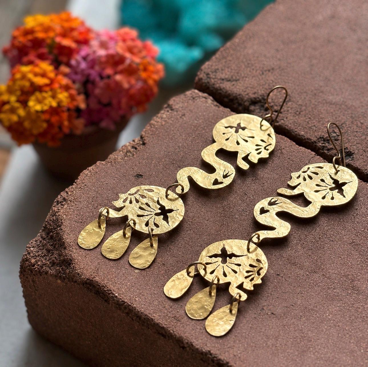 Sacred Flight | Día de los Muertos Double Skull Brass Earrings