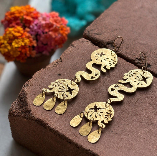 Sacred Flight | Día de los Muertos Double Skull Brass Earrings
