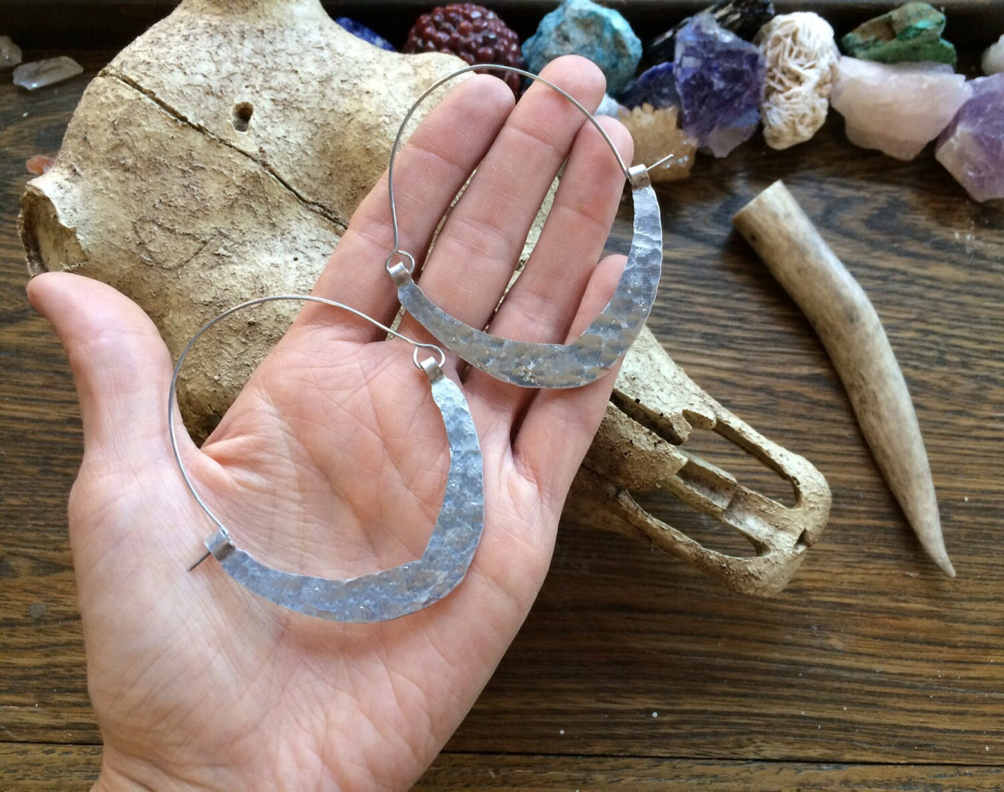 Rustic Metal Hoop Earrings: Handmade Bent Crescent Design