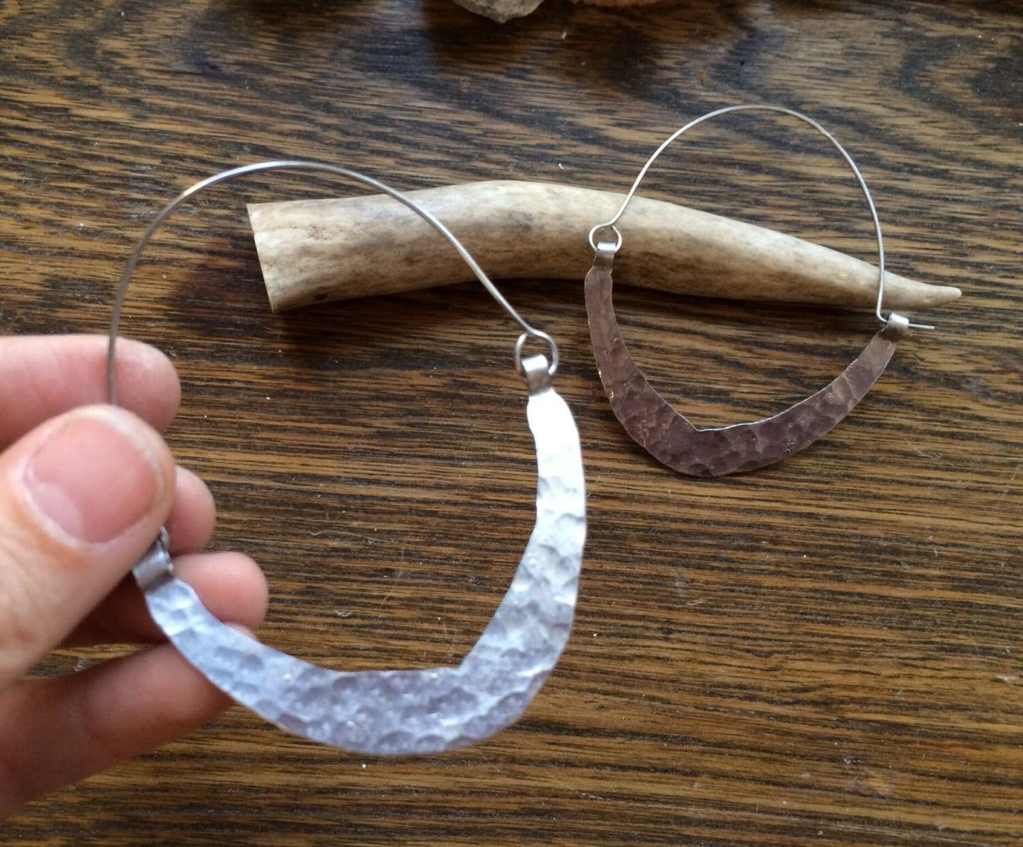 Rustic Metal Hoop Earrings: Handmade Bent Crescent Design