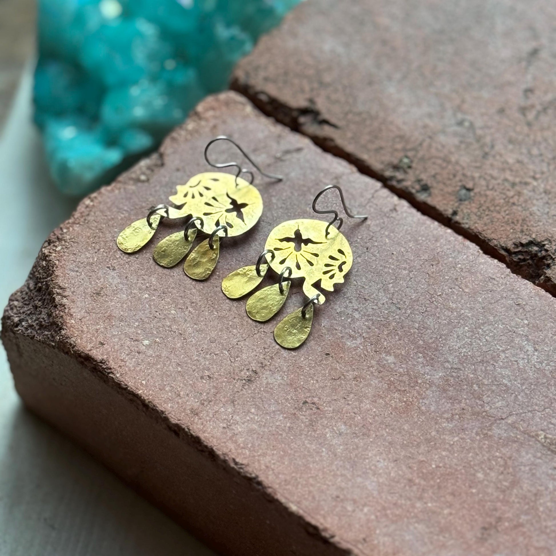 Día de los Muertos Skull Earrings | Mini Sacred Flight Brass Statement Earrings | Mexican folk Inspired Jewelry