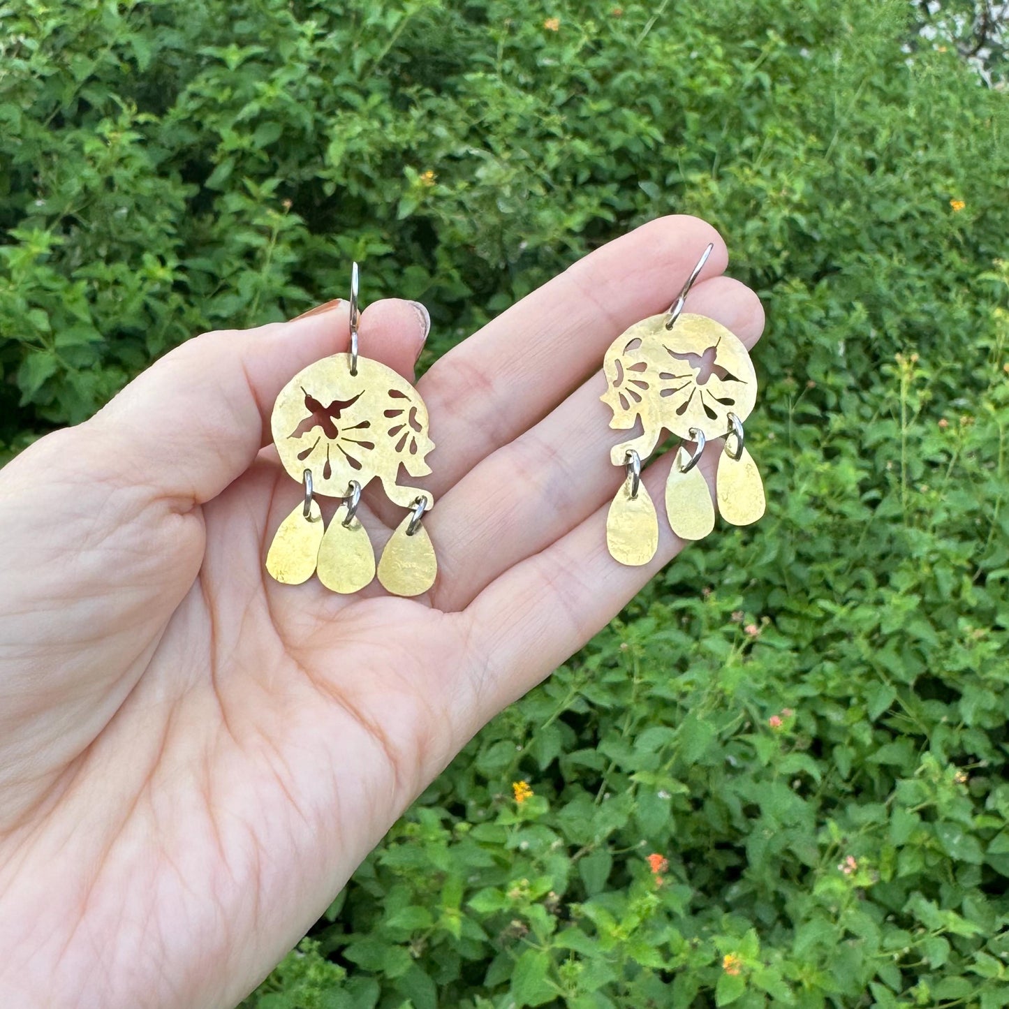 Día de los Muertos Skull Earrings | Mini Sacred Flight Brass Statement Earrings | Mexican folk Inspired Jewelry