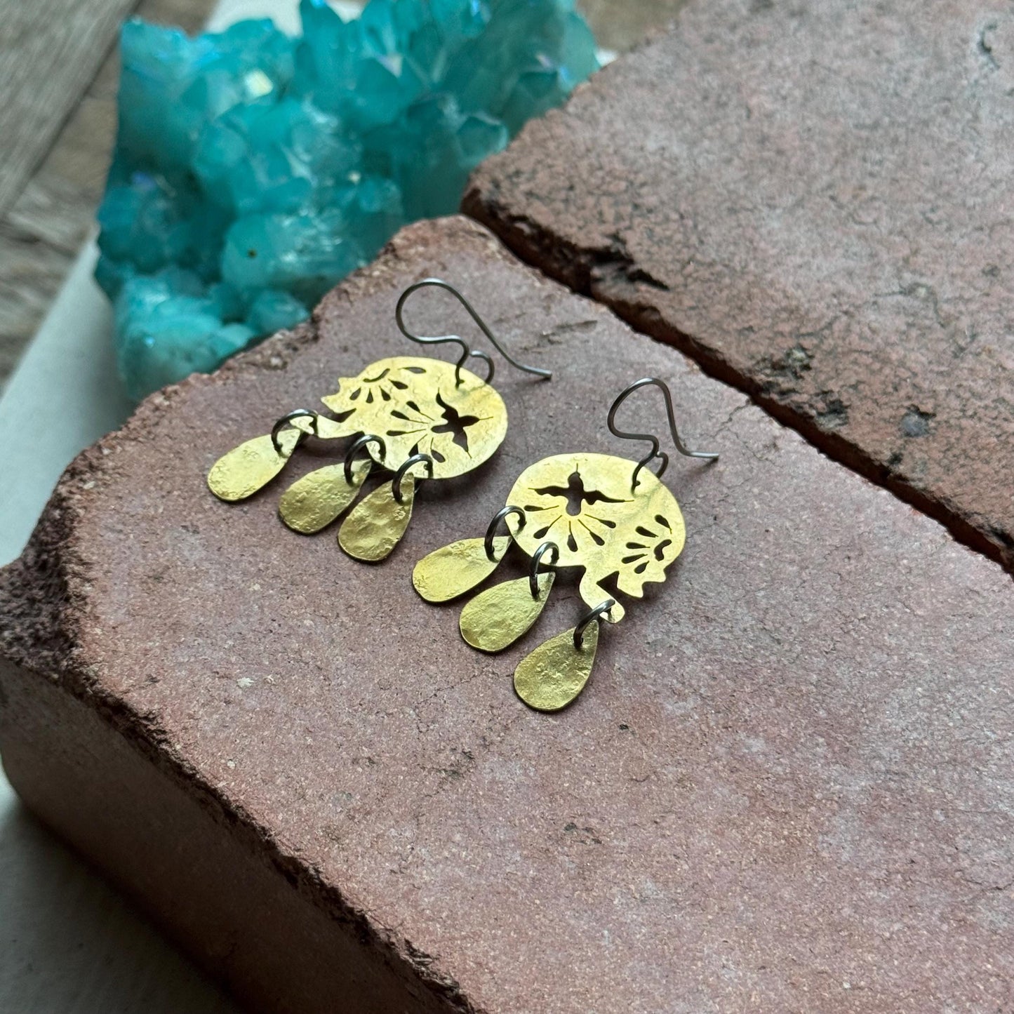 Día de los Muertos Skull Earrings | Mini Sacred Flight Brass Statement Earrings | Mexican folk Inspired Jewelry