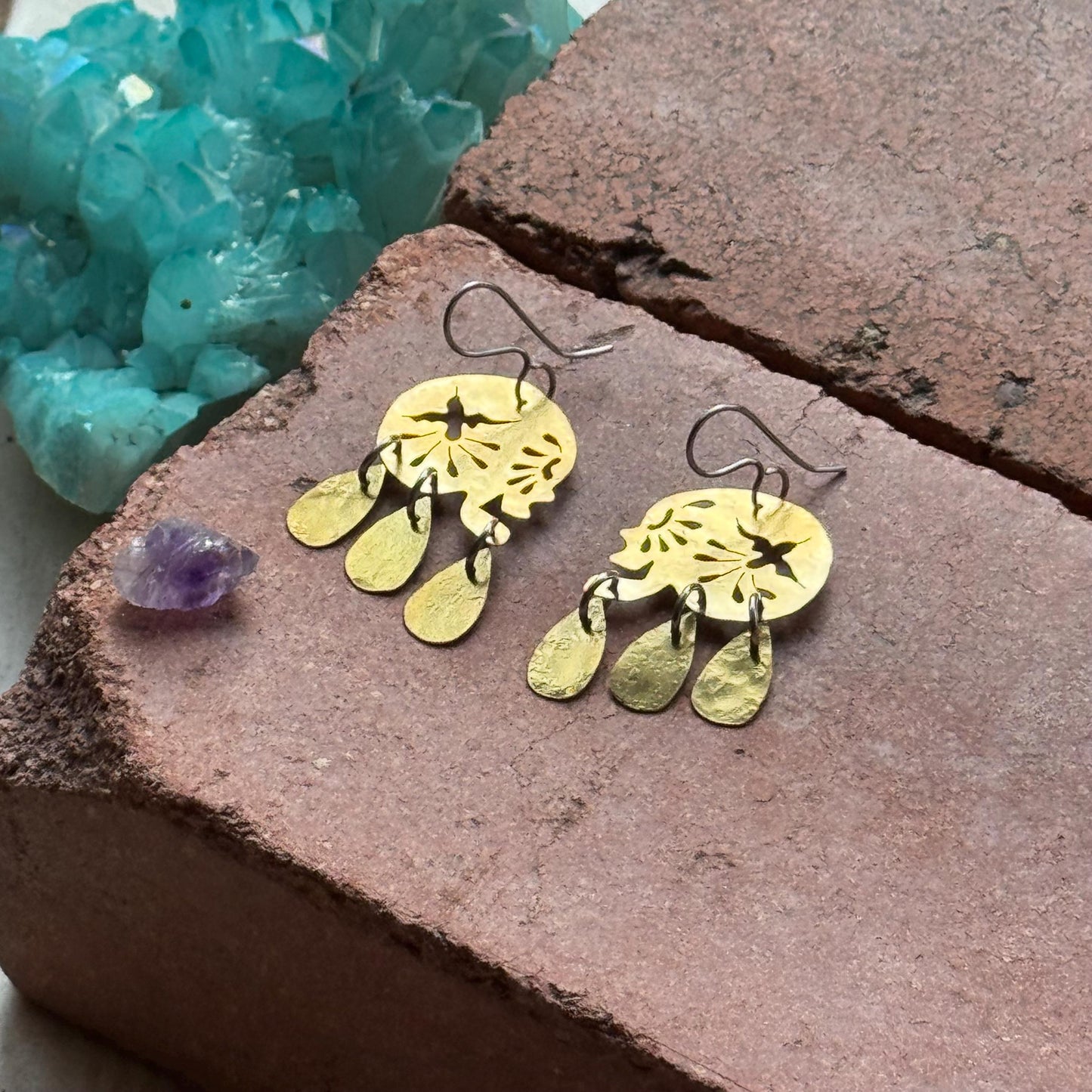 Día de los Muertos Skull Earrings | Mini Sacred Flight Brass Statement Earrings | Mexican folk Inspired Jewelry