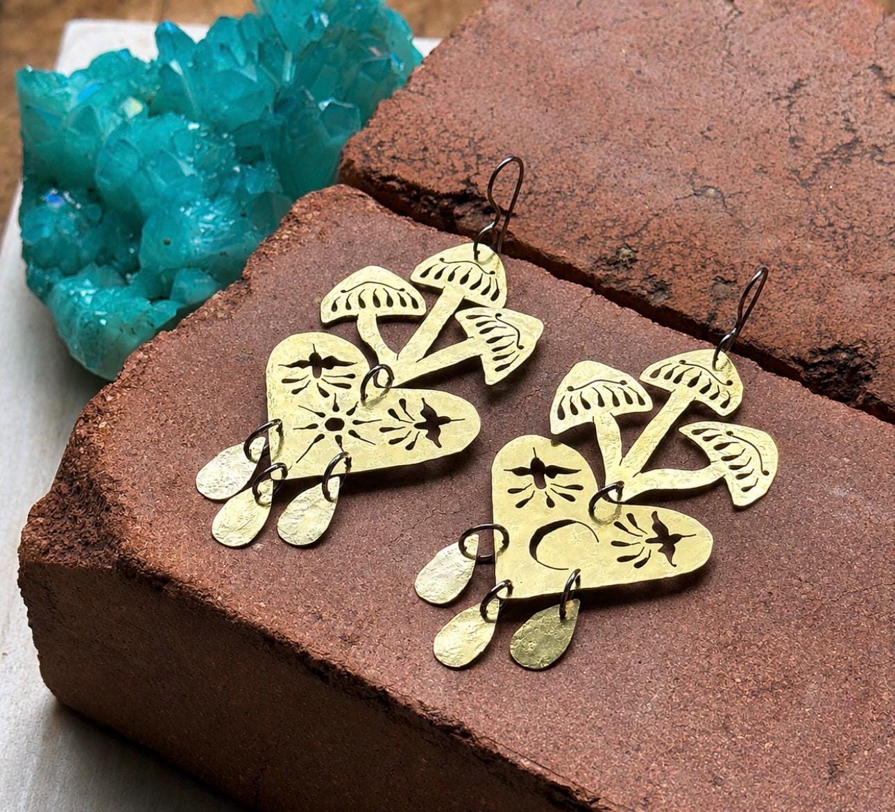 Sacred Celestial Mushroom Earrings, mixed metal