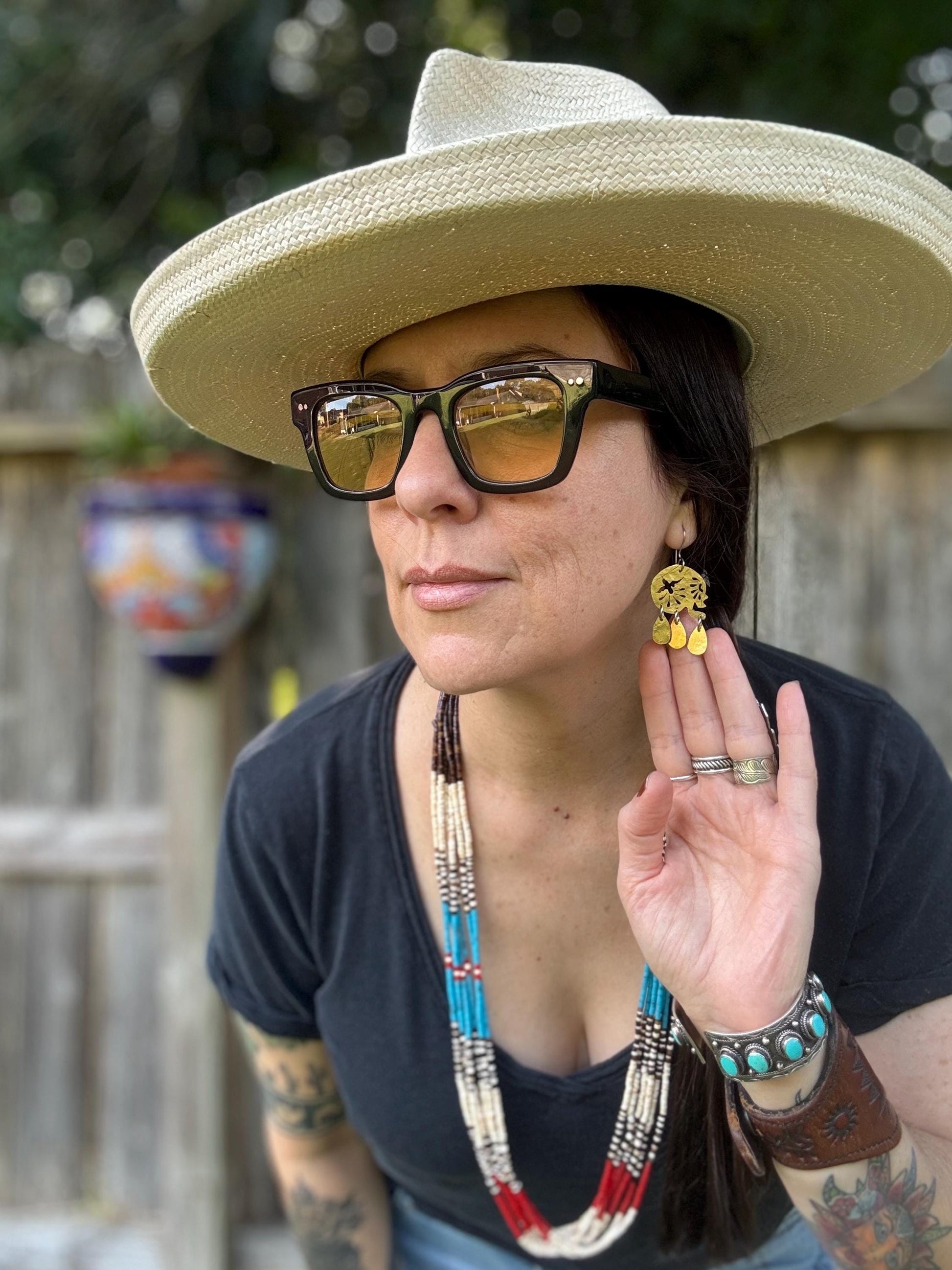 Día de los Muertos Skull Earrings | Mini Sacred Flight Brass Statement Earrings | Mexican folk Inspired Jewelry