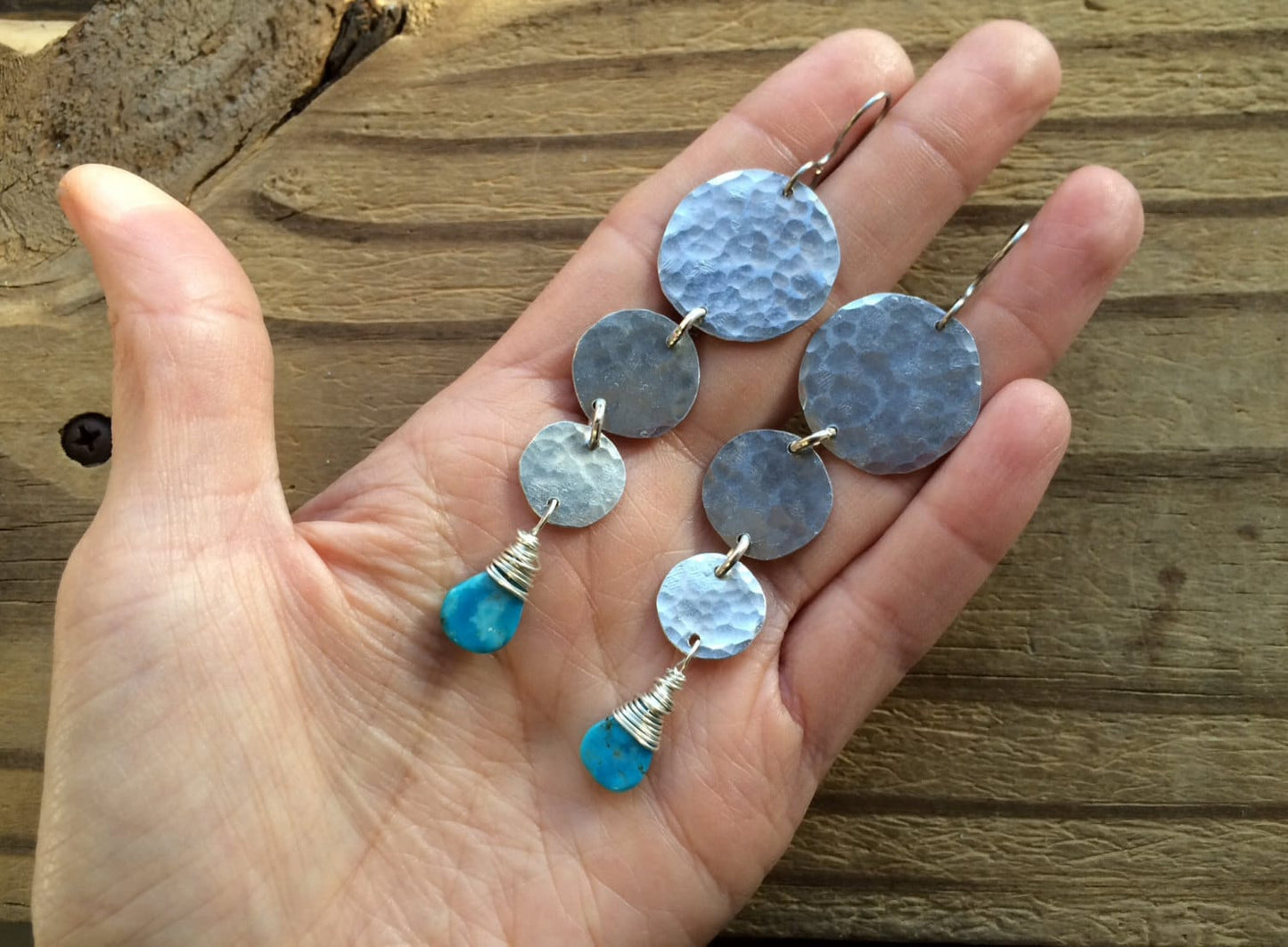 Handmade Turquoise Drop Earrings: Hammered Metal Circle Dangles